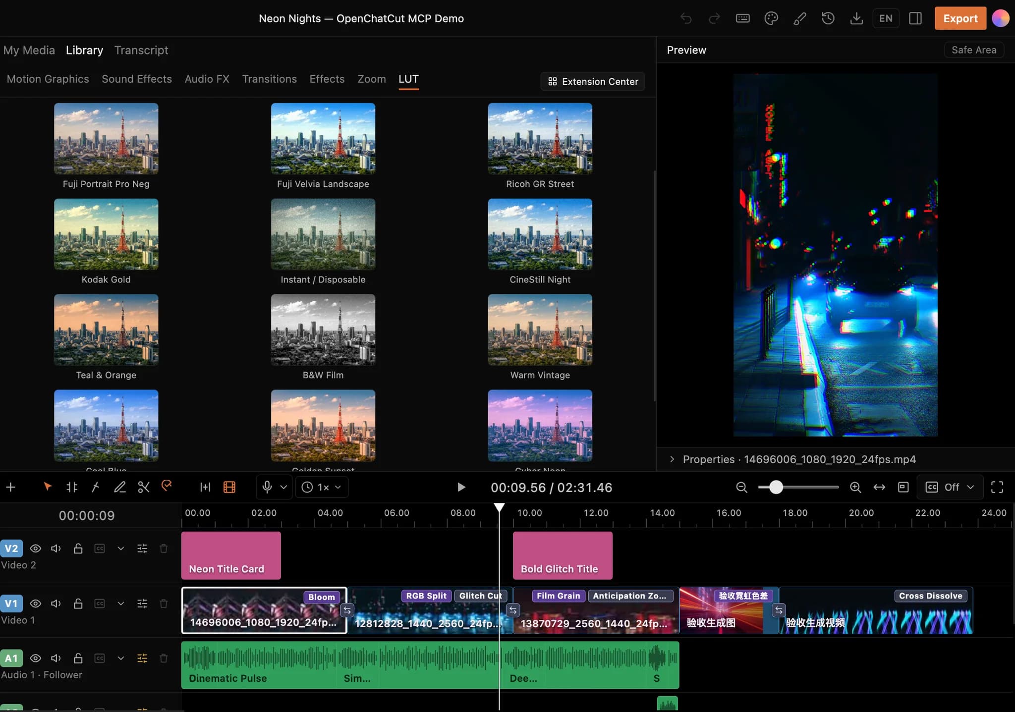 OpenChatCut 开源版编辑器：调色 LUT 库、霓虹街景竖屏预览，以及带特效和转场标记的多轨时间线