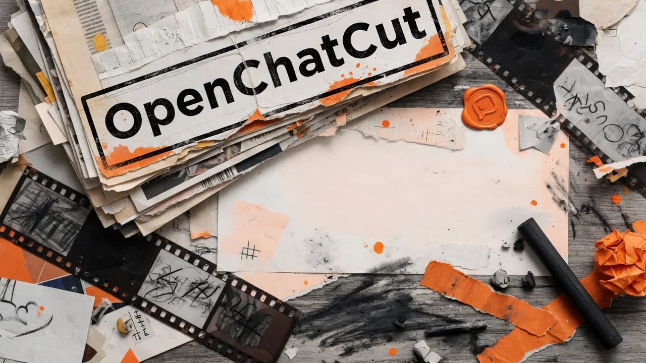 Paper-collage banner of stacked article sheets, film frames, and OpenChatCut notes