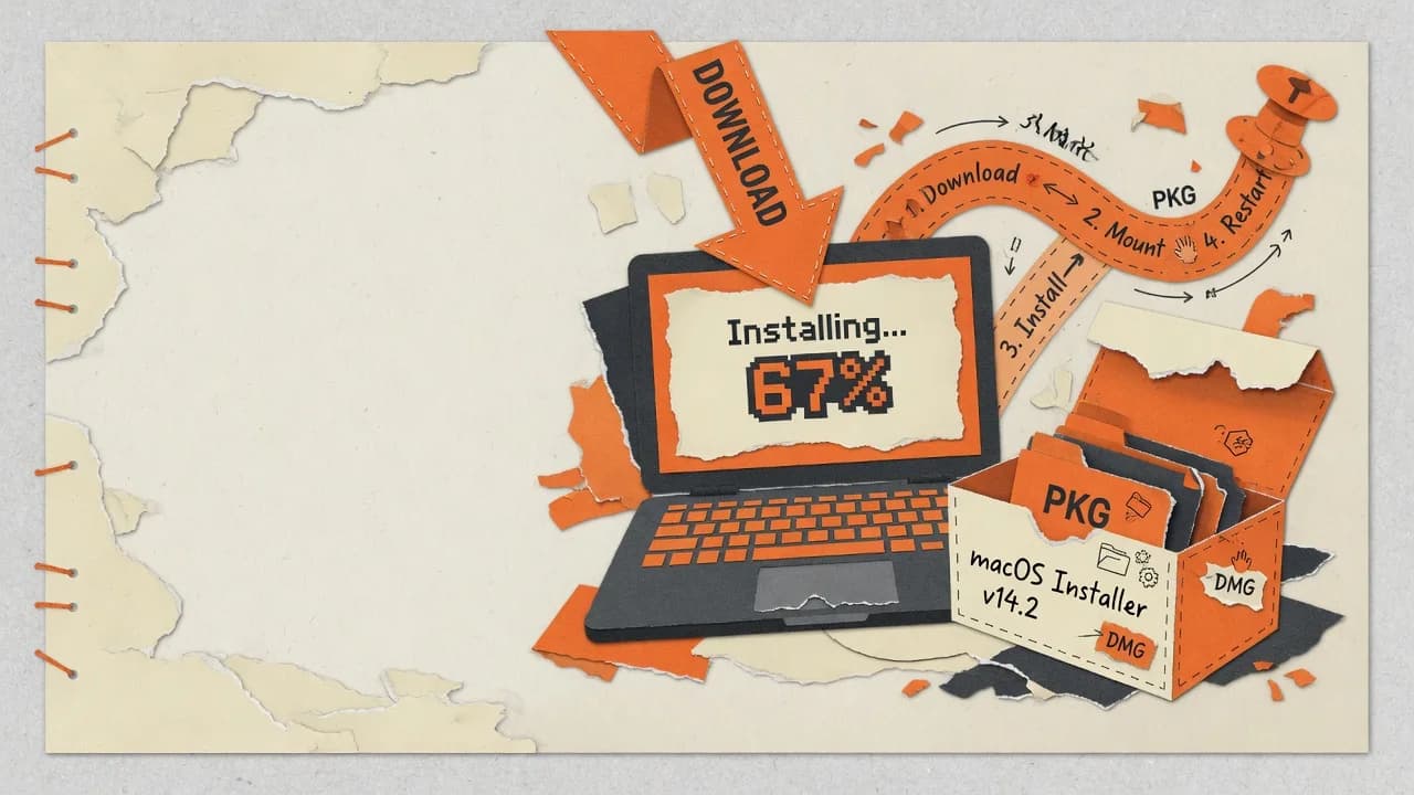 Paper-collage illustration of a laptop, install package, and timeline for downloading OpenChatCut