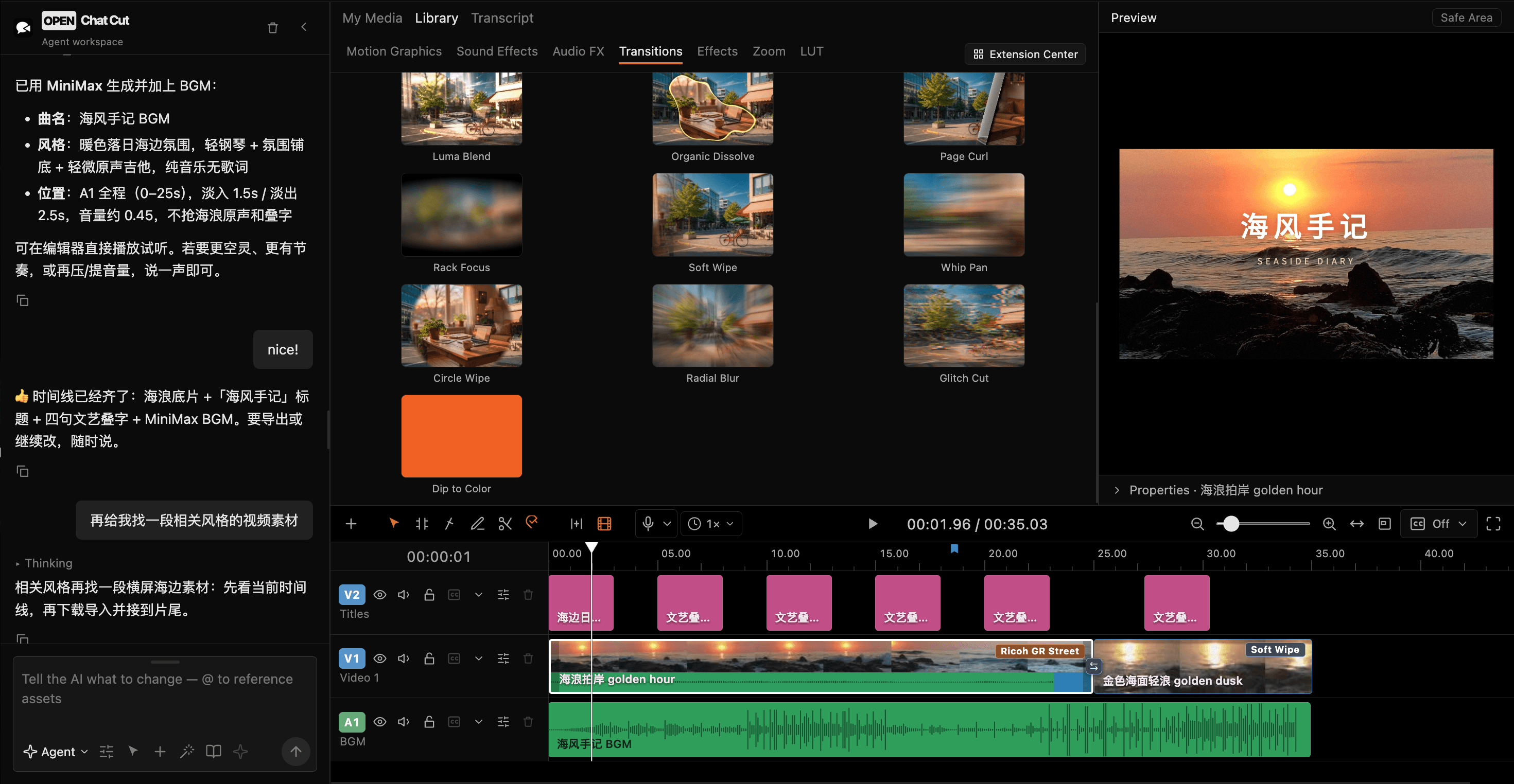 OpenChatCut agent applying transitions and audio