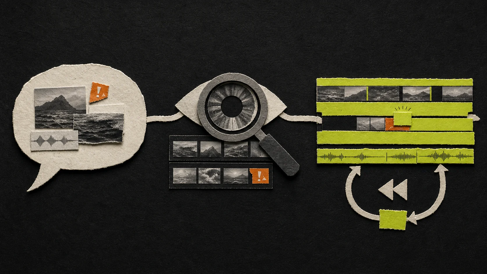 A paper-collage flow from a request, through media inspection, to a timeline edit with an undo loop.