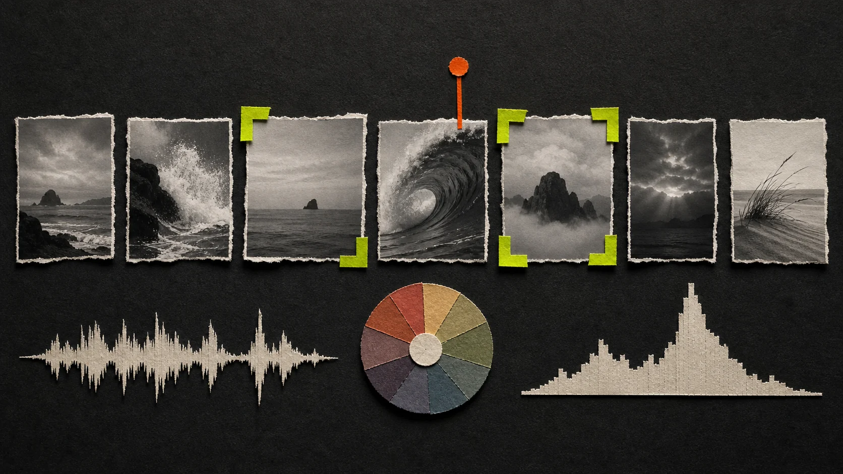 A paper contact sheet with varied frames, a waveform, color wheel, and luminance histogram.