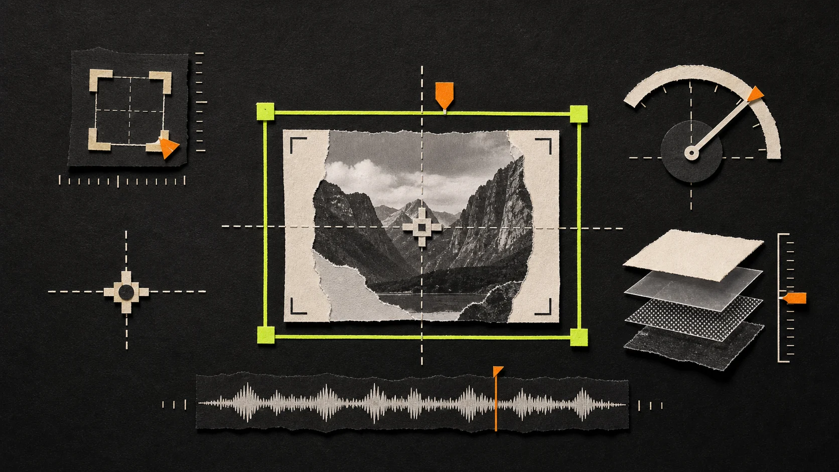 A paper-collage illustration of crop, position, rotation, opacity, and audio controls aligned with exact guides.