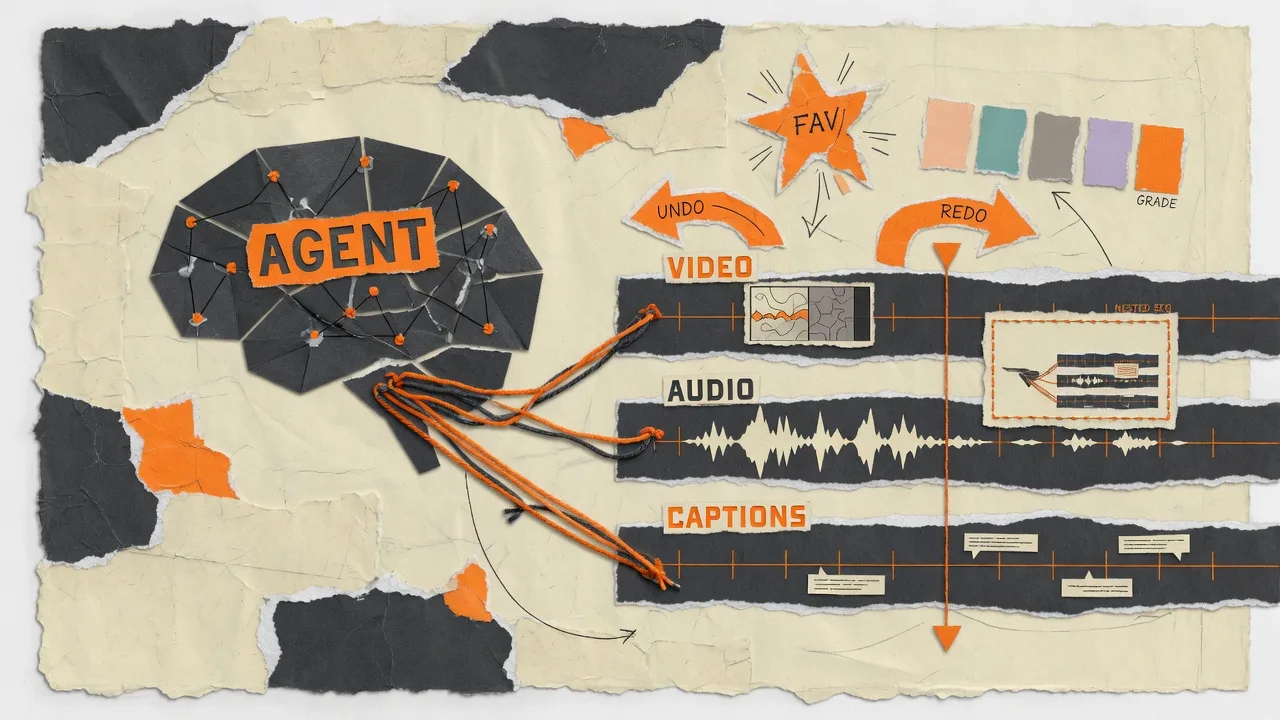 Paper collage of an agent node wired to multitrack timeline tracks.