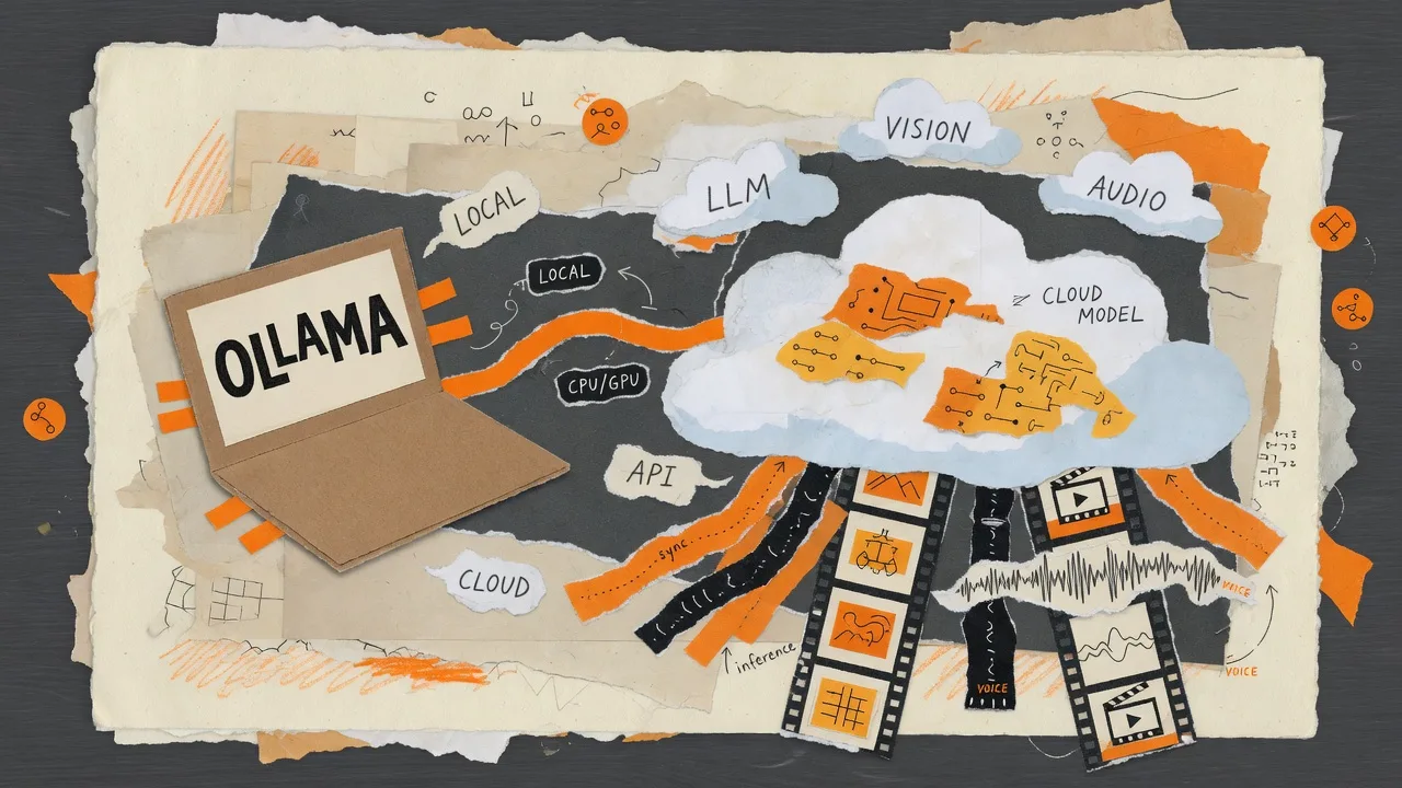 Paper collage of local and cloud model nodes with generation filmstrips.