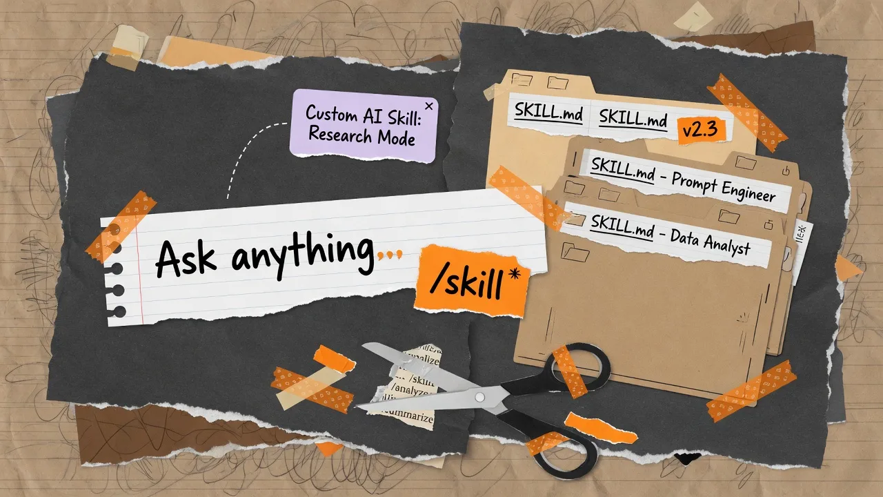 Paper-collage chat composer with a /skill chip and SKILL.md folders.